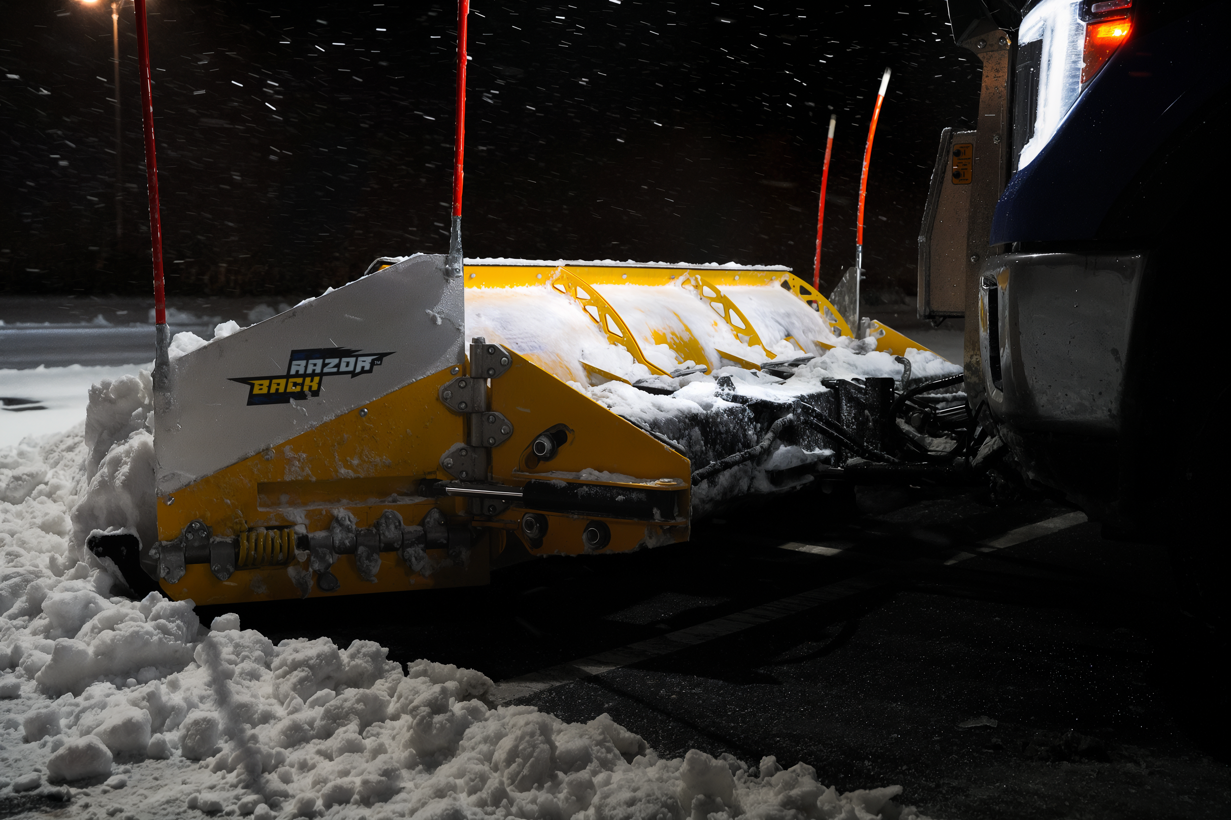 Night shot of a ARCTIC Razor Back Snow plow