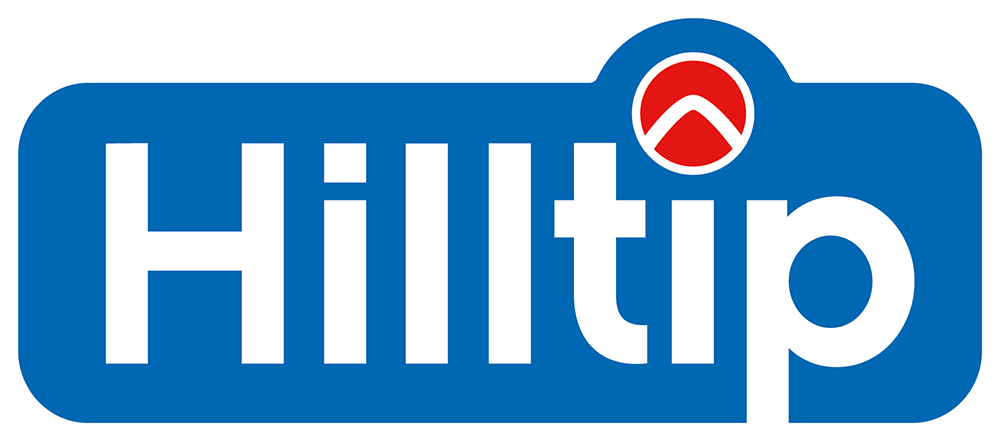 Logo of Hillip with bold blue background, white text, and a red and white circular emblem at the top right.