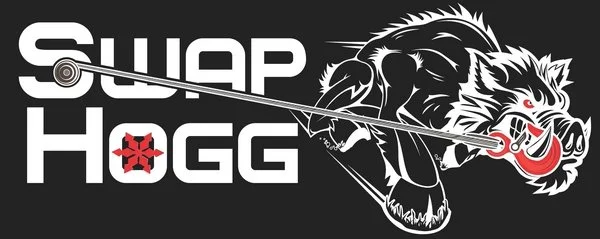 A logo with the words 'SWAP HOGG' in bold white letters, featuring a fierce lion's head with a mane and a growling expression, and a lion's head with a dart in the eye on a black background.
