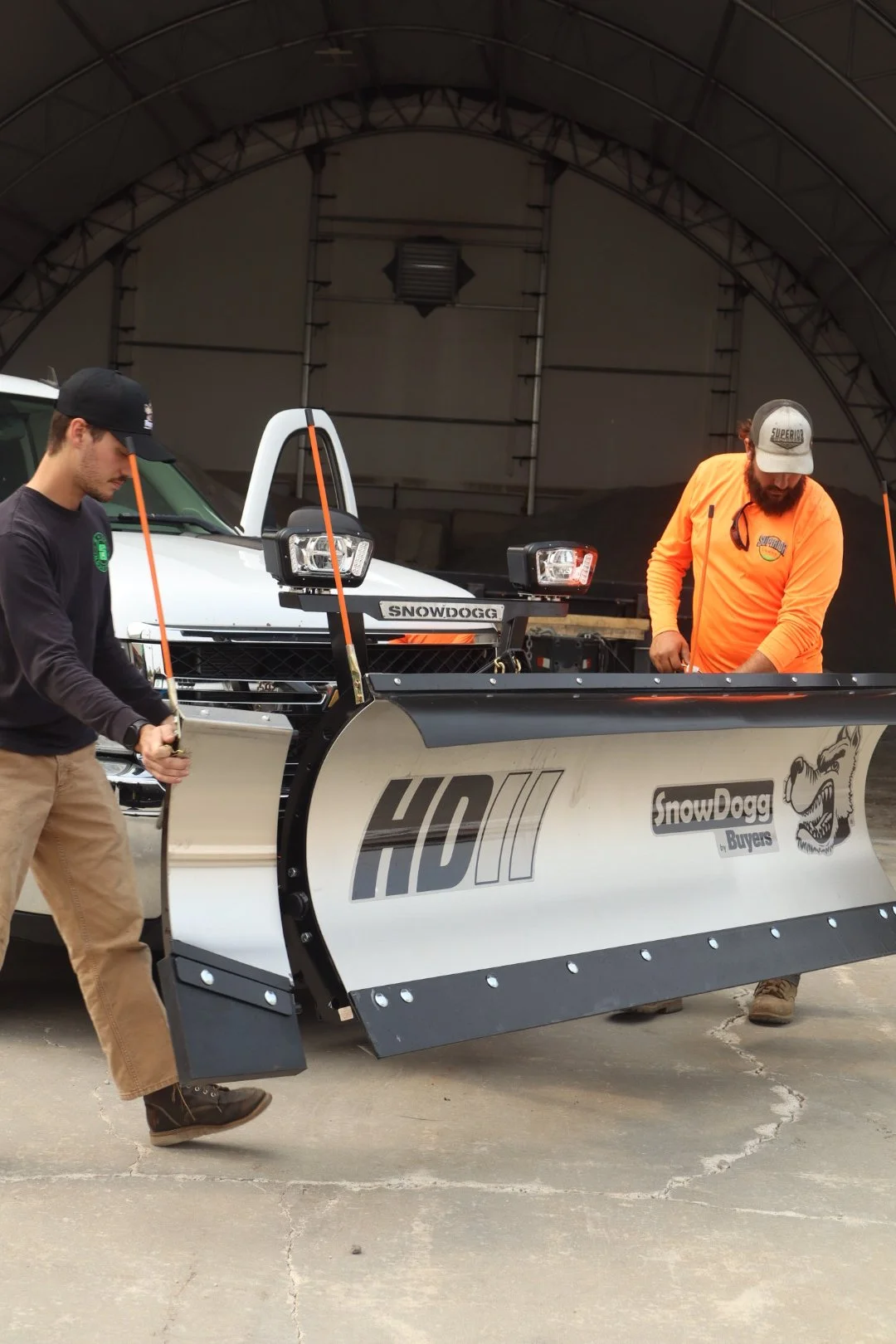 SnowDogg HD75II equipped with LED headlights getting wings set into out position.