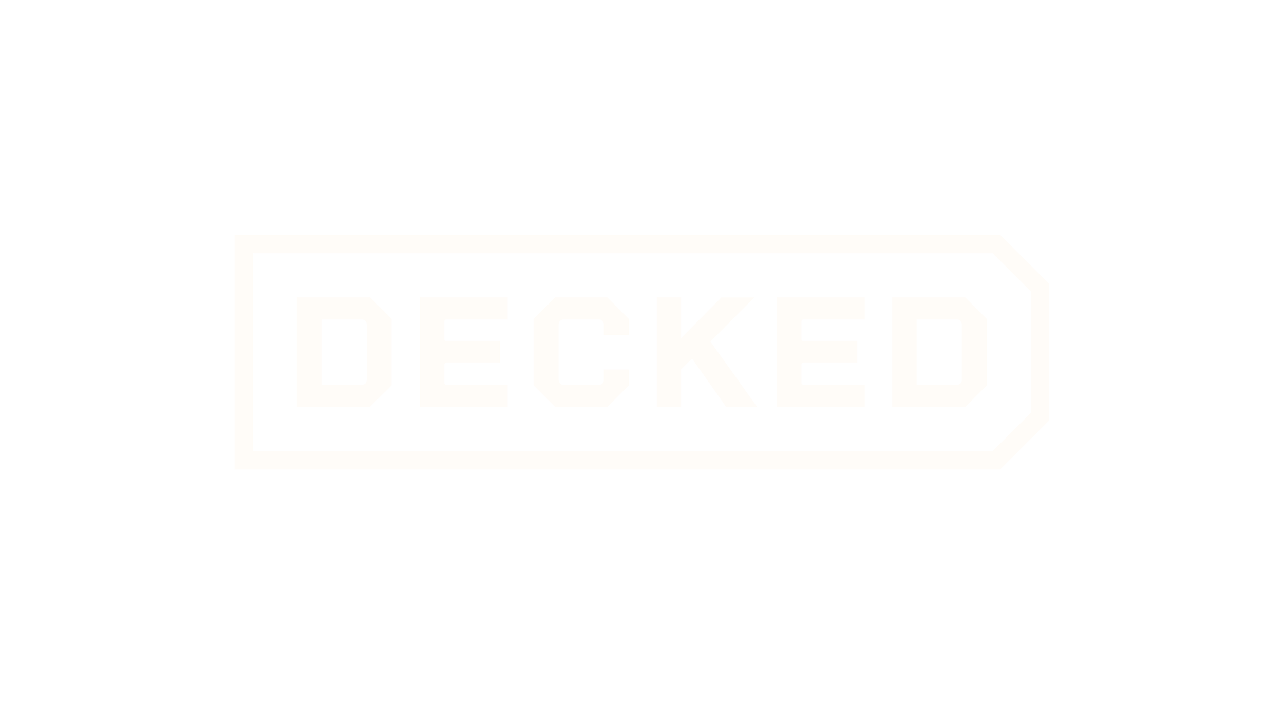 Black background with white rectangular sign containing the word 'DECKED' in bold capital letters.