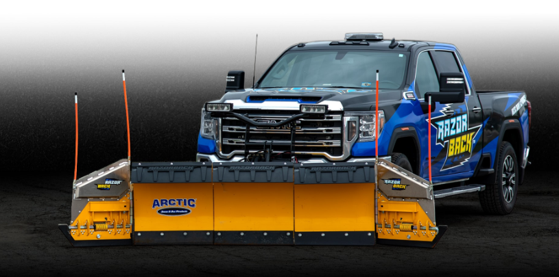 Arctic Razor Back retrofit wing snow plow attached to a Boss Hydraulic unit and GMC 2500 Truck