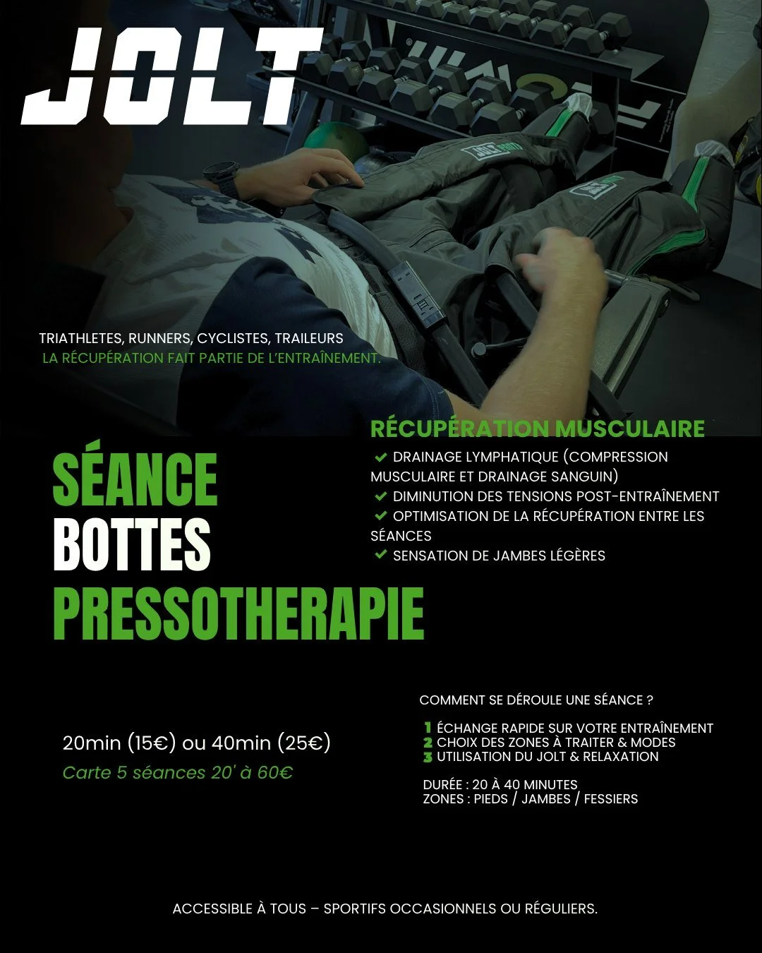 Avis aux Triathl&egrave;tes, Runners, Cyclistes, Traileurs ☝️
Les s&eacute;ances de r&eacute;cup&eacute;ration avec le PANTS de compression JOLT, c'est maintenant dispo au Lab 🔥

🦵 Jambes lourdes
🏃 Encha&icirc;nement de s&eacute;ances
📊 Semaine d