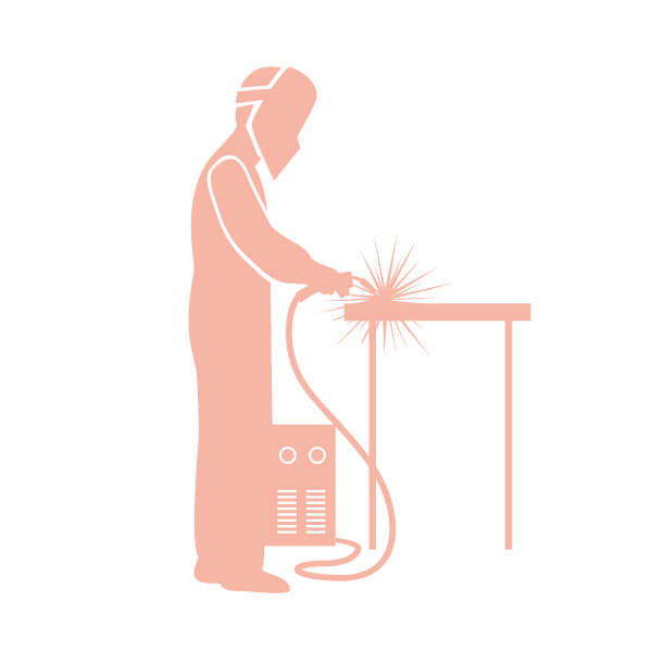 Silhouette of a welder in protective gear welding a metal piece with sparks.