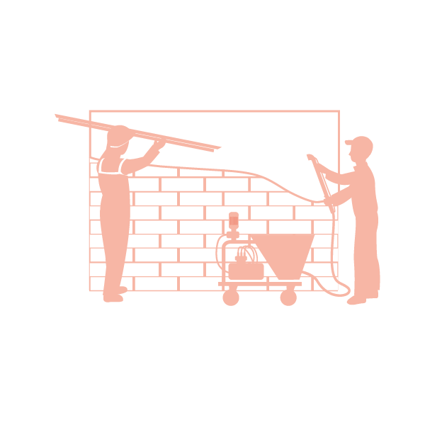 Illustration of two workers constructing a wall with bricks, one using a long rod, and the other operating equipment with wires in front of a brick wall background.
