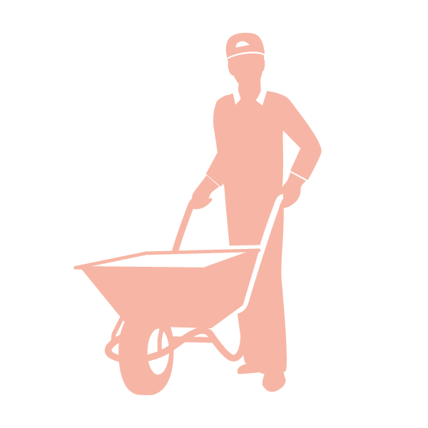 Minimalist illustration of a construction worker wearing a safety helmet, pushing a wheelbarrow.