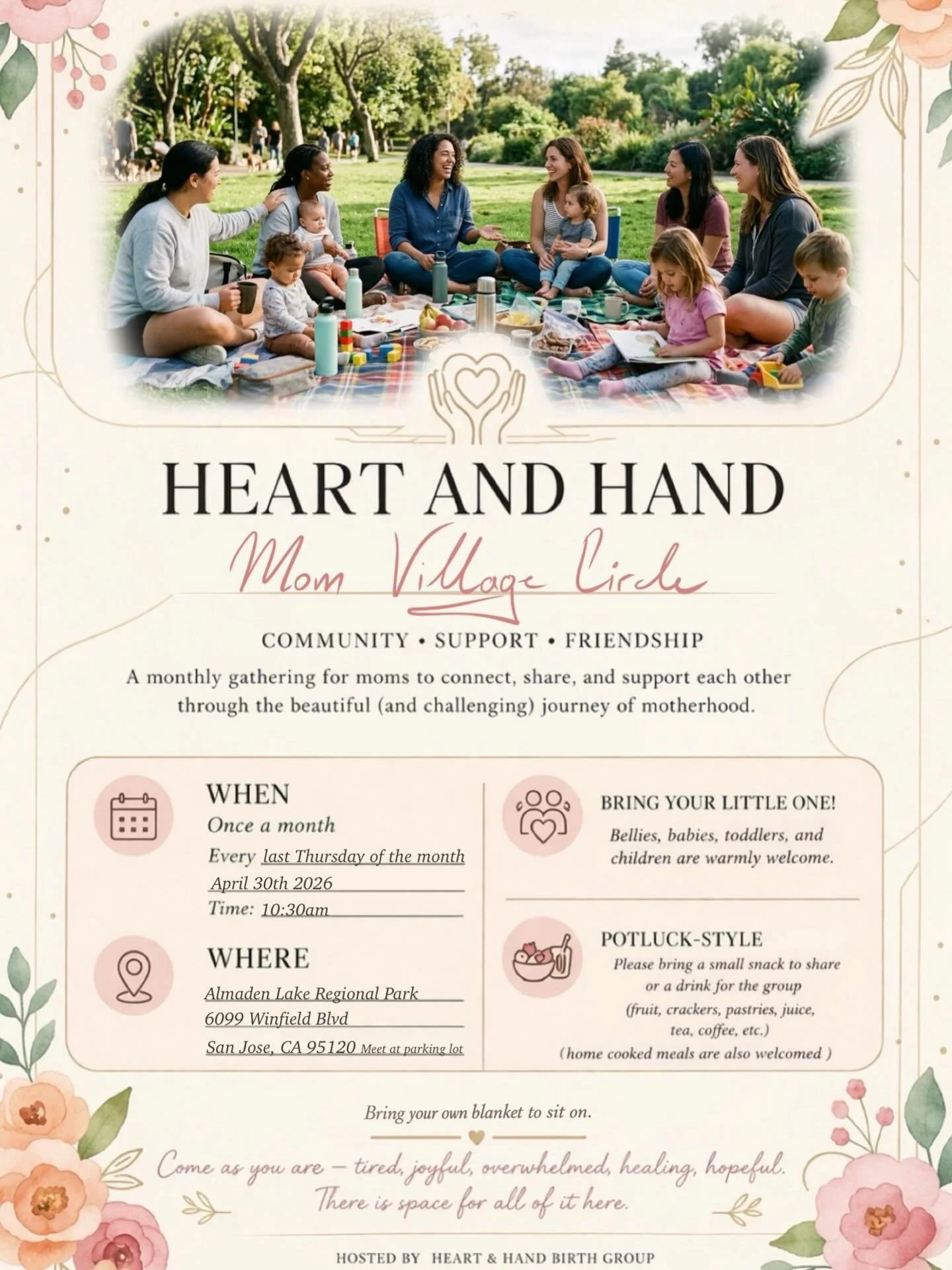 &ldquo;Heart and Hand Birth&rdquo; group wants to welcome all local moms to a new &ldquo;Mom Village Circle&rdquo; group meetups! 

We want to create safe spaces for moms to come with their little ones and share their stories, vent, cry, laugh, breat