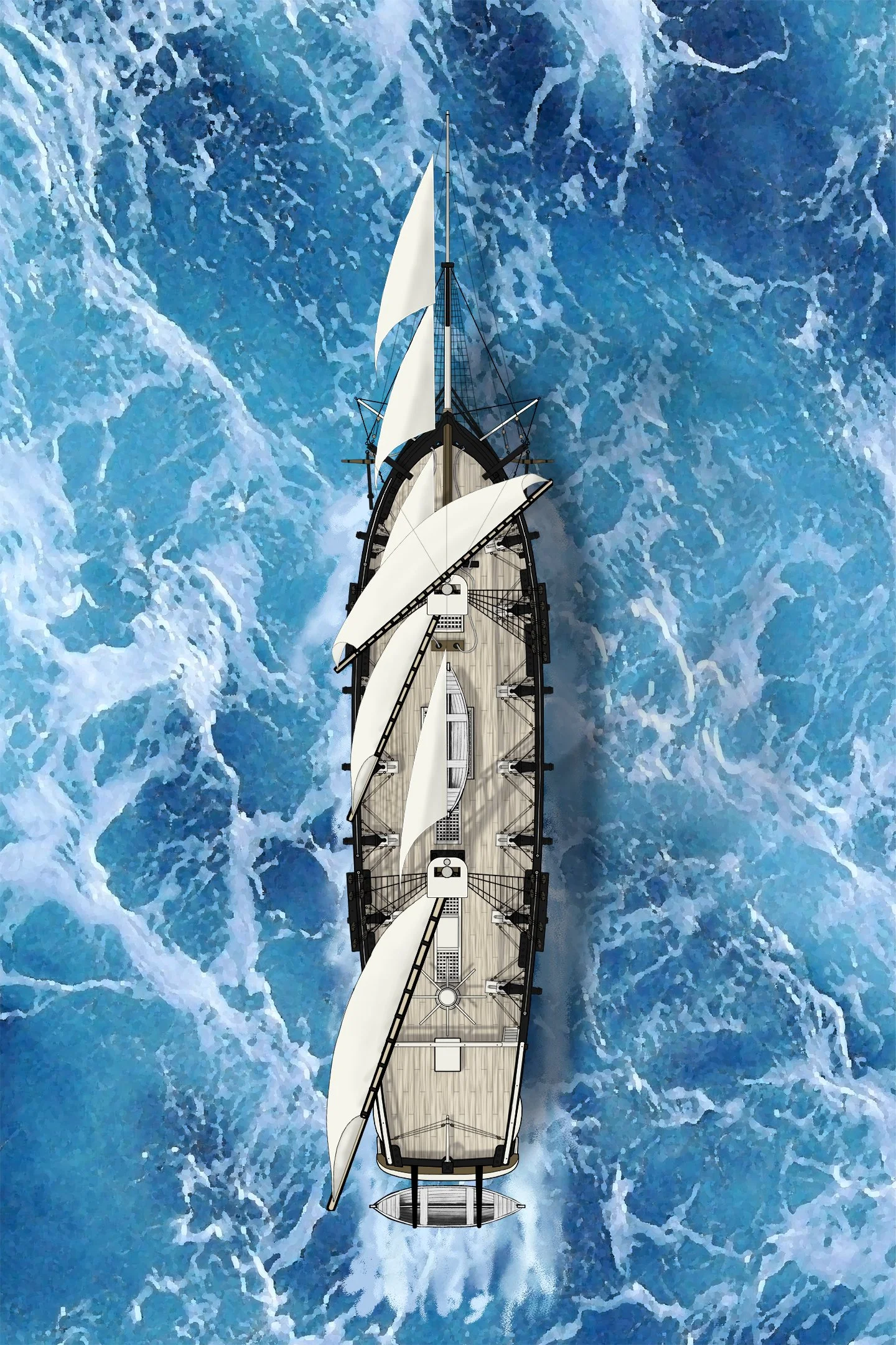 Topsail schooner ship illustration, top-down. Made in Photoshop, and based on historical shipbuilding diagrams.