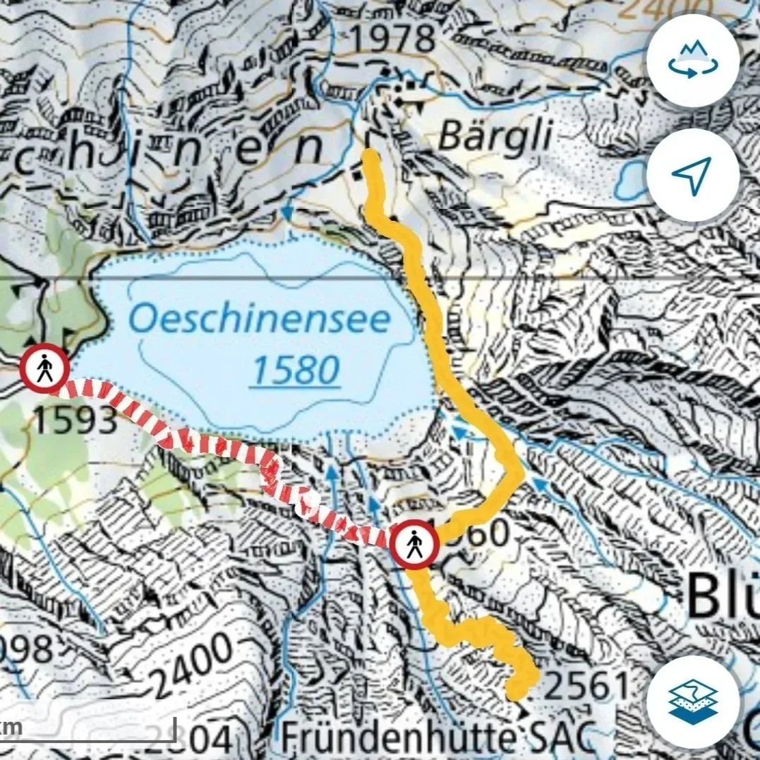 SwissTopo shows the closed trail from Oeschinensee to the hut (yellow line is the detour)