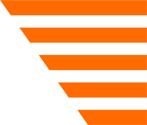 A stylized orange and black infographic with horizontal bars gradually decreasing in length, stacked vertically. VTS Online