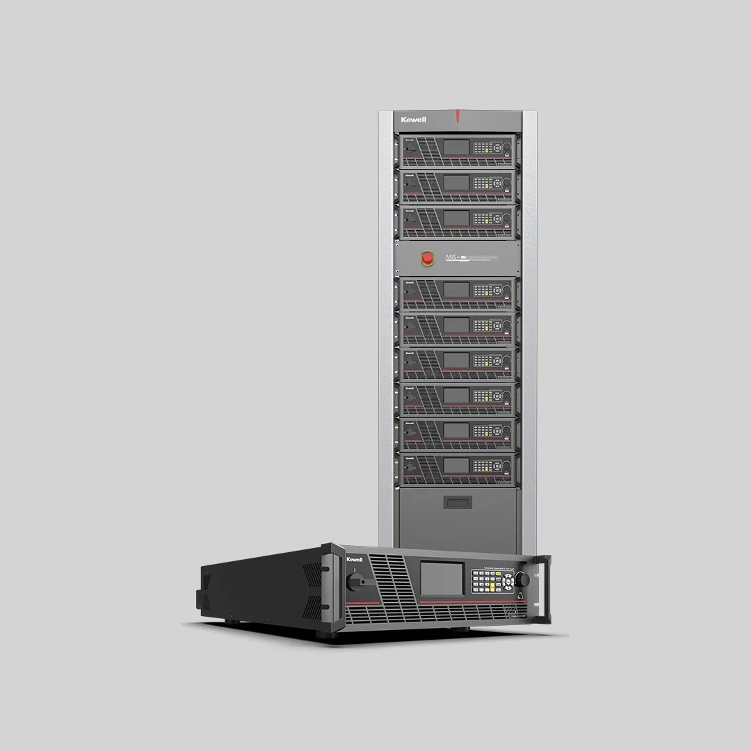 Full-height server rack with multiple server units and a separate rackmount device in front, representing lab infrastructure for test automation, data capture, and analysis.