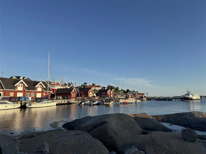 Utsikt over en havn med båter og røde bygninger langs vannet under en klar blå himmel.