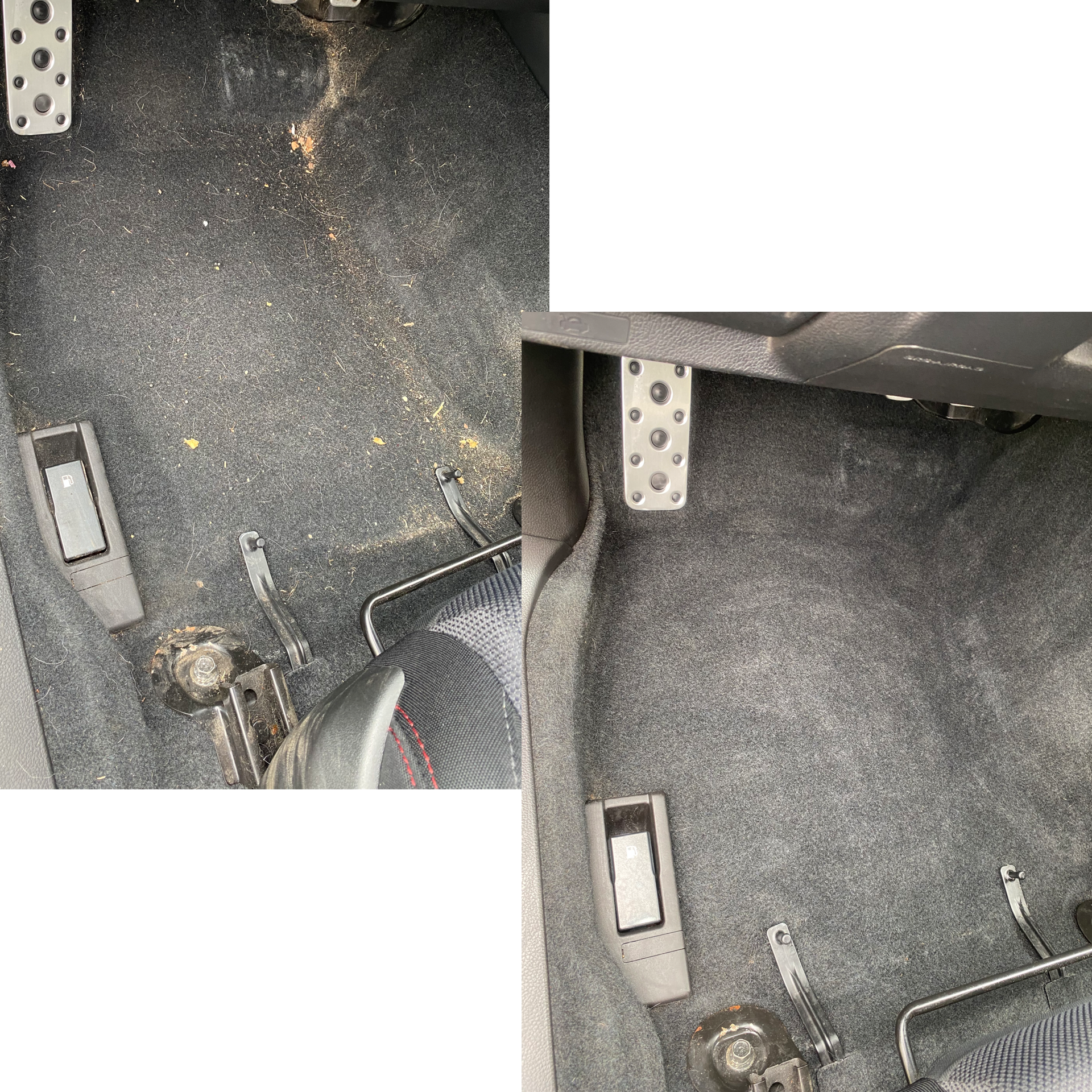 Comparison of a dirty car floor with debris and an empty clean car floor.