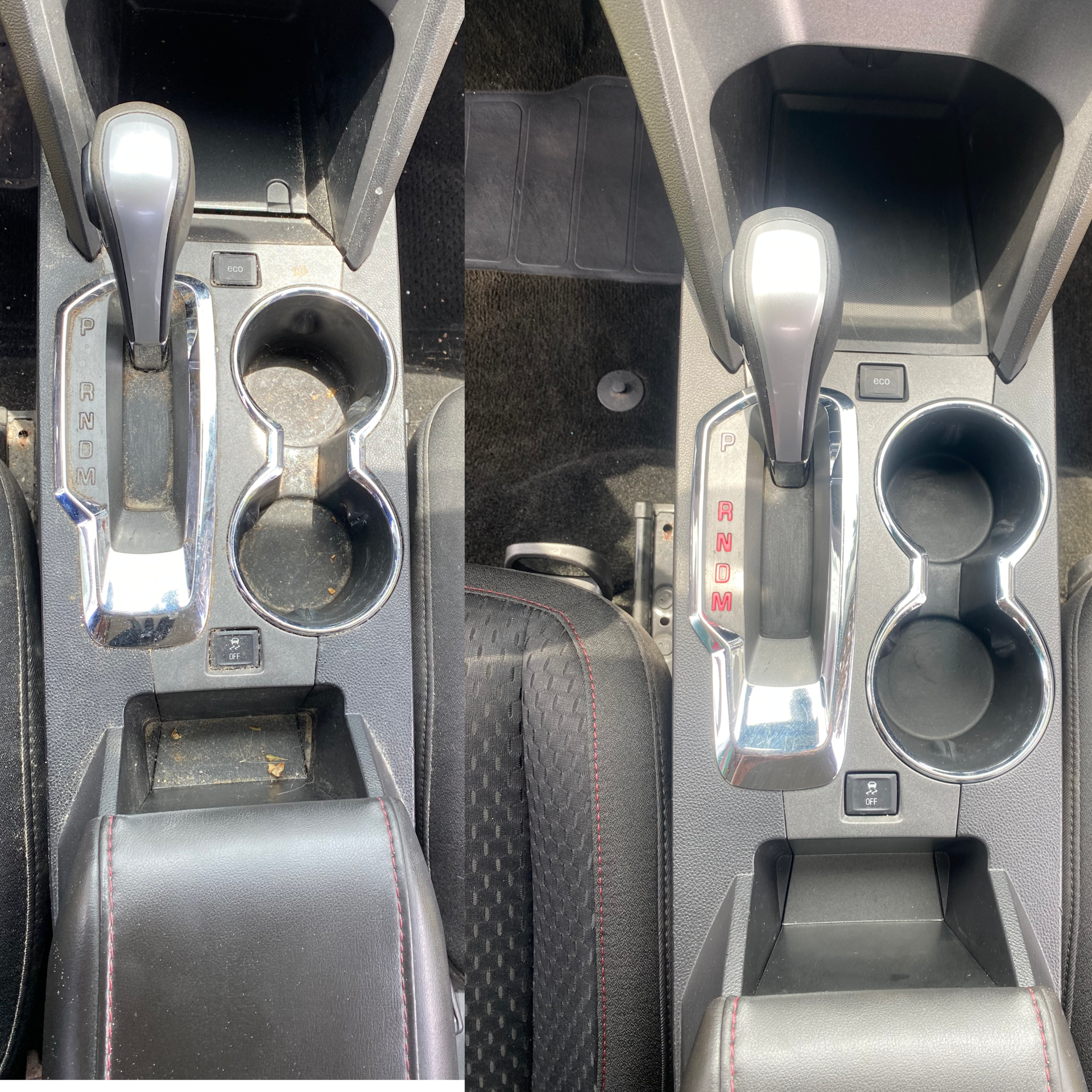Comparison of two car center consoles showing gear shifters. The left console has a shifter with a silver top, labeled with P, R, N, D, M, and an empty cup holder with some debris. The right console has a shifter with a gray top, labeled with P, R, N