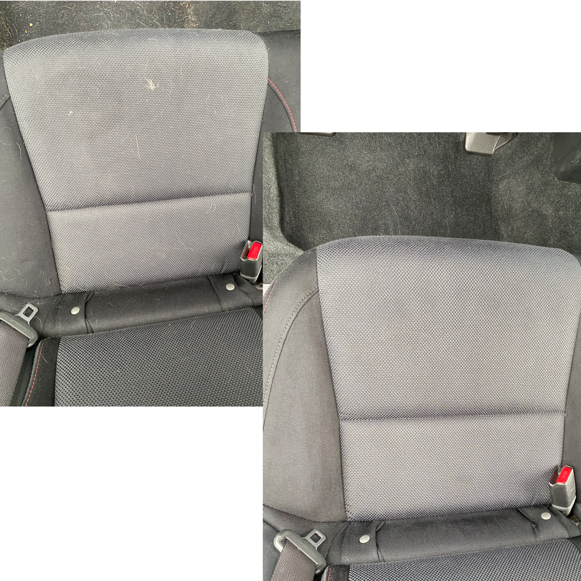 Comparison of two car seats, showcasing different angles of the same gray upholstered seat with a textured fabric pattern, seatbelt buckle visible on the right side, and the car's black carpeted floor in the background.