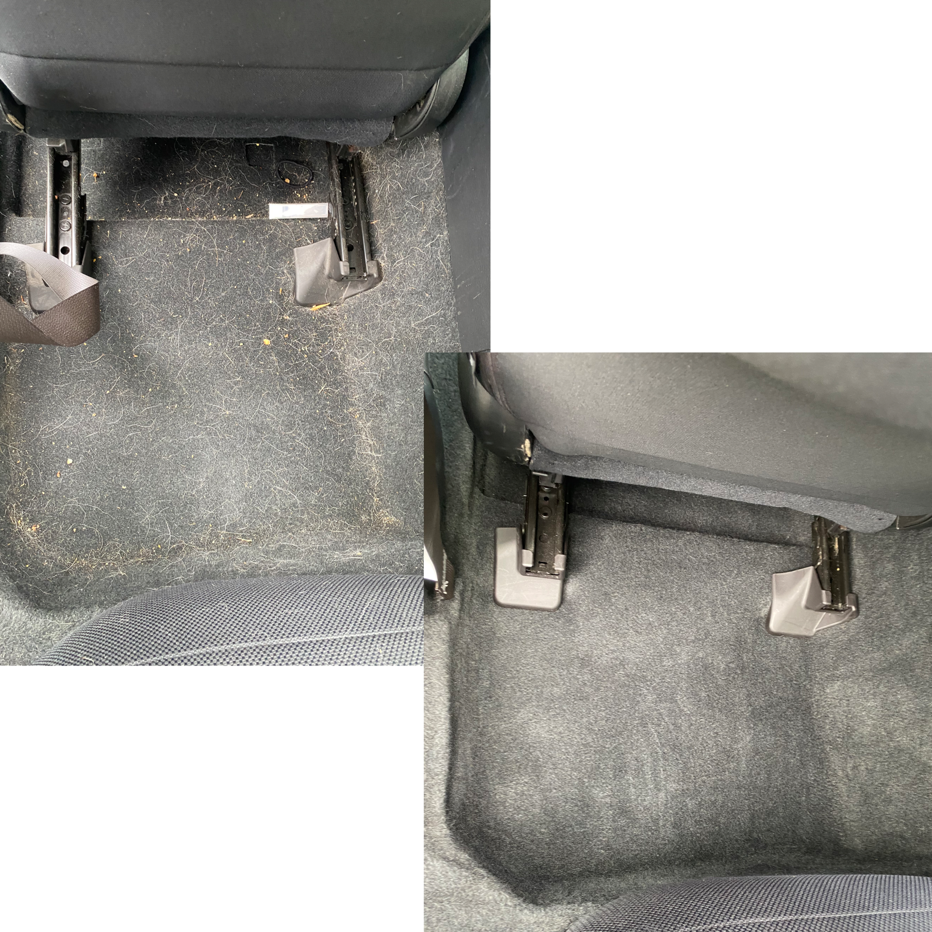 Comparison of car backseat floor area with and without recently cleaned carpet, showing cleaner carpet in the right image and dirt and debris in the left image.