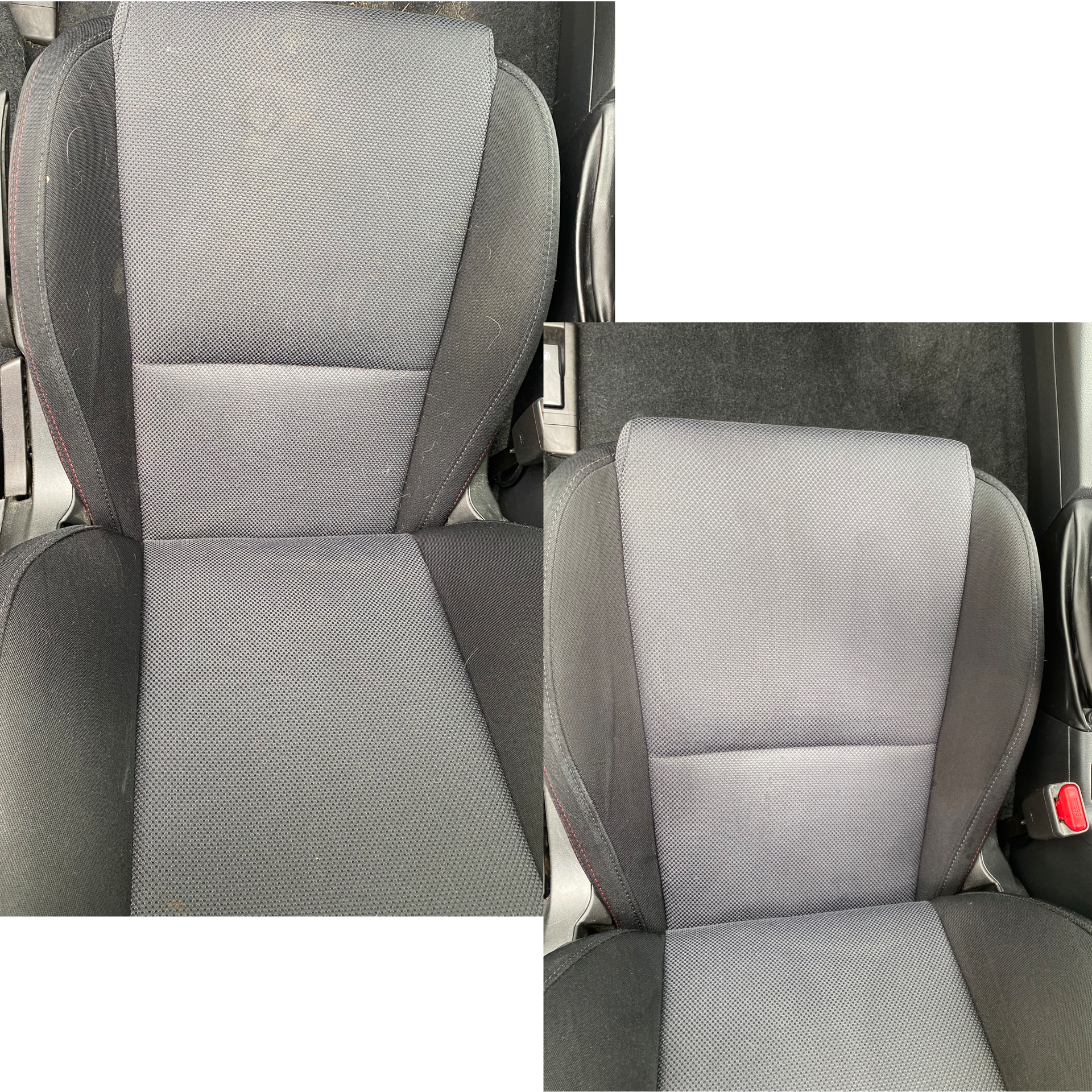 Comparison of car seats before and after cleaning, showing lighter, cleaner fabric in the after image.