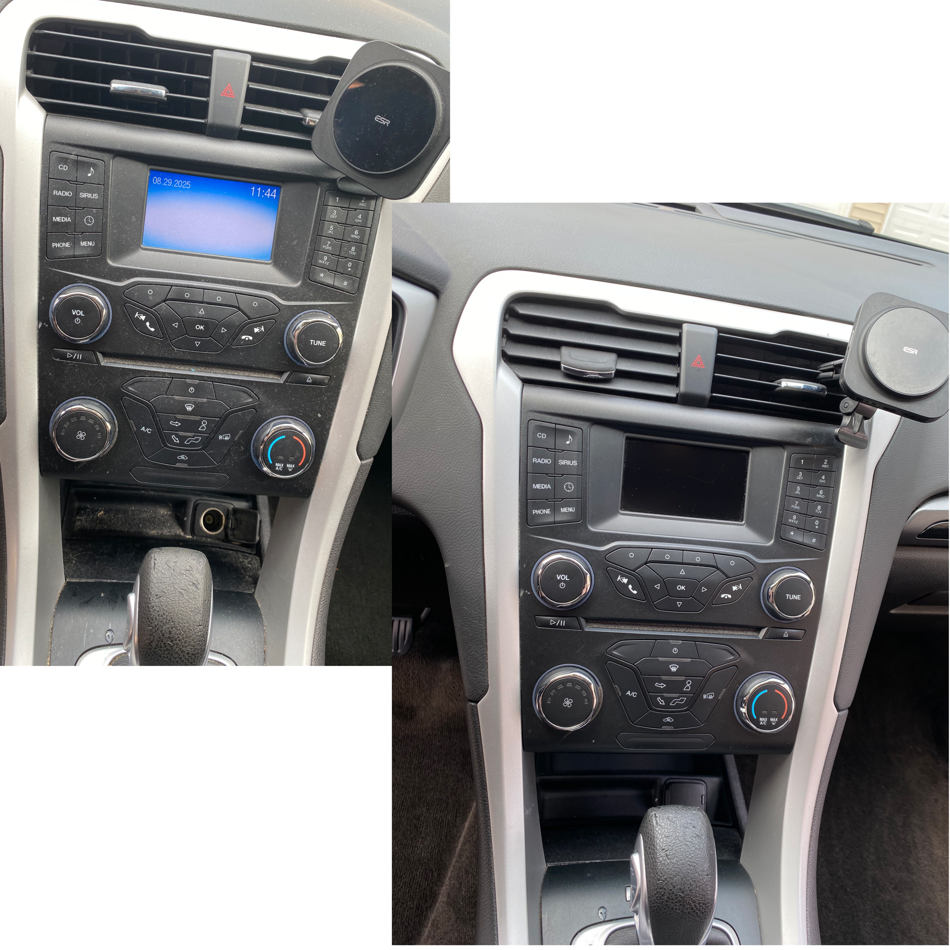 Comparison of two car dashboards, showing the center console, air vents, and control panels, with slight differences in the display screens and arrangement.