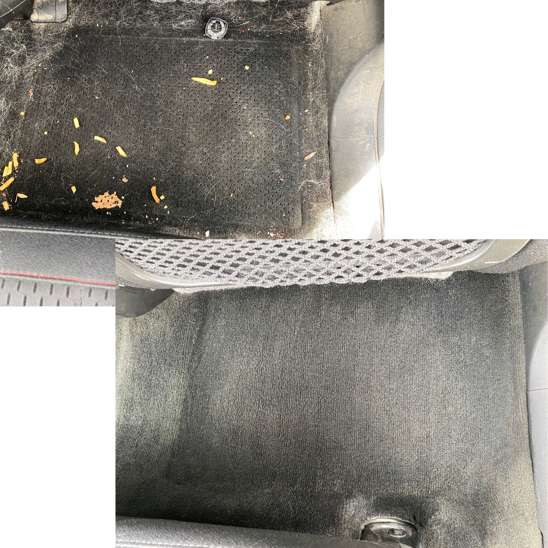 Comparison of a dirty, food-spilled car seat and a clean, vacuumed car floor.