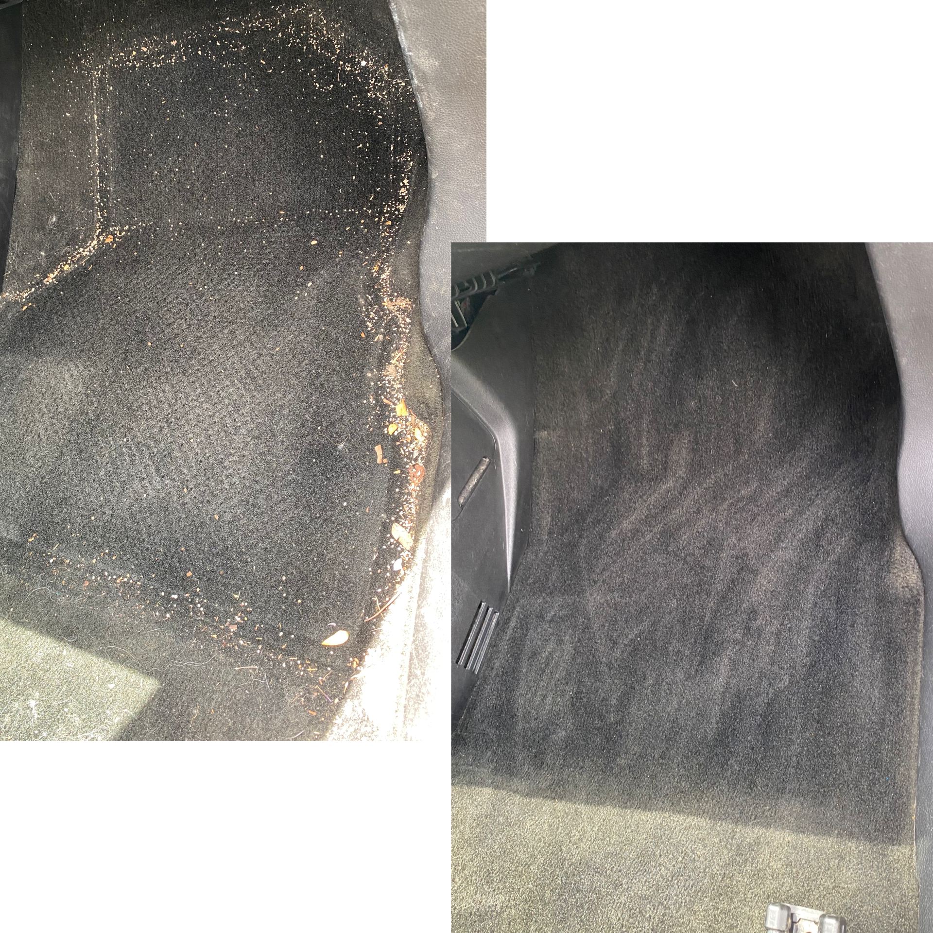 Comparison of a heavily worn car mat on the left with a clean, well-maintained car mat on the right.
