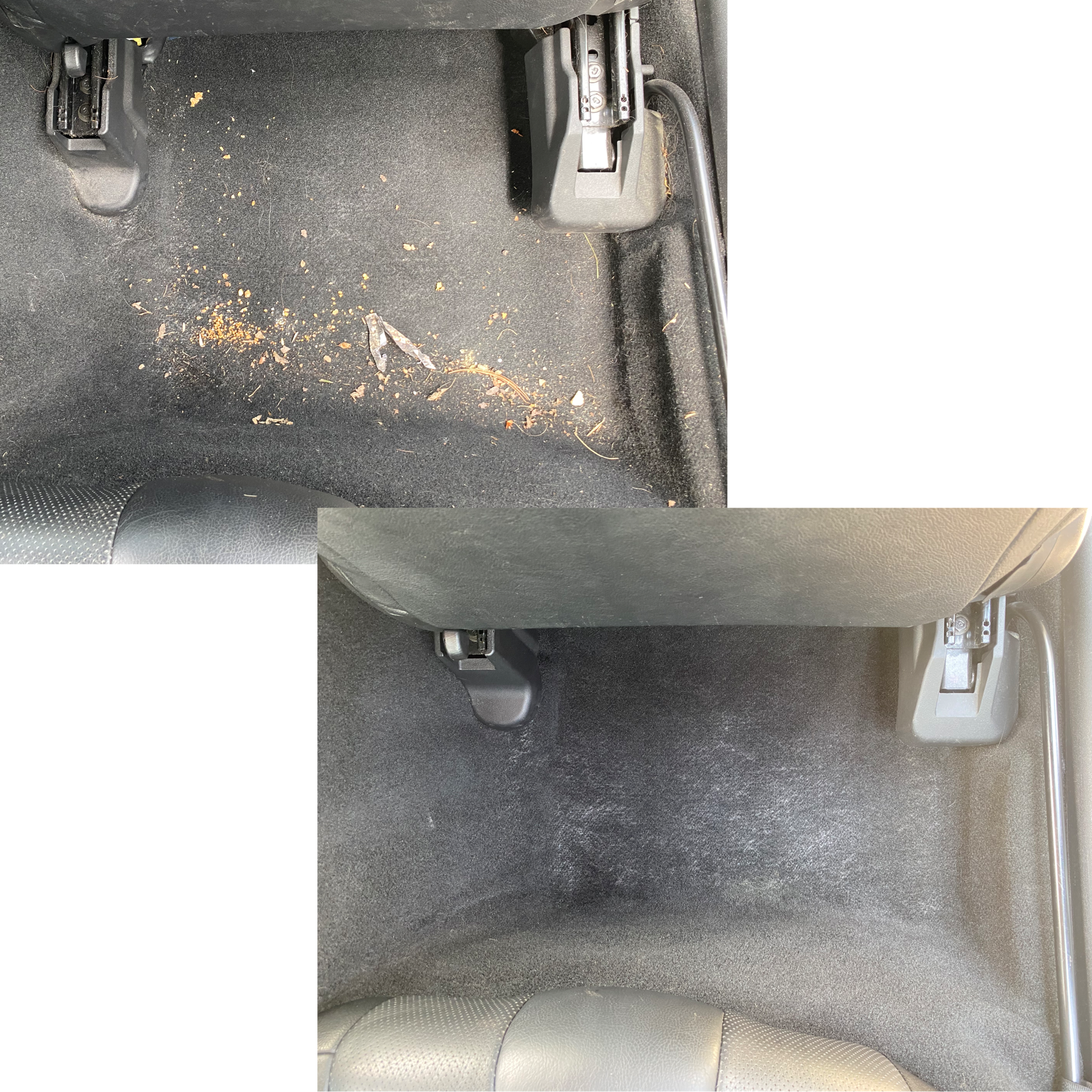 Comparison of car floor interior: before cleaning shows dirt, debris, and stains; after cleaning appears clean with no debris or stains.