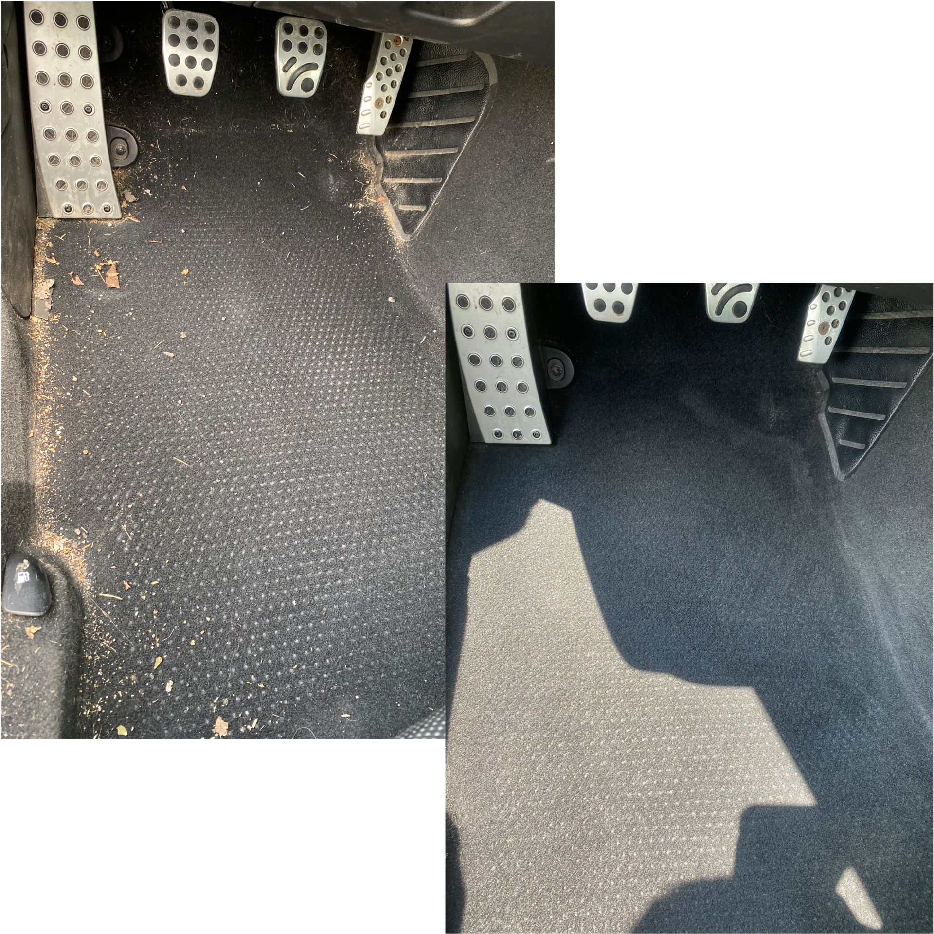 Comparison of car footwells, showing a dirtier textured black carpet on the left and a cleaner textured black mat on the right, with metal accelerator and brake pedals above.