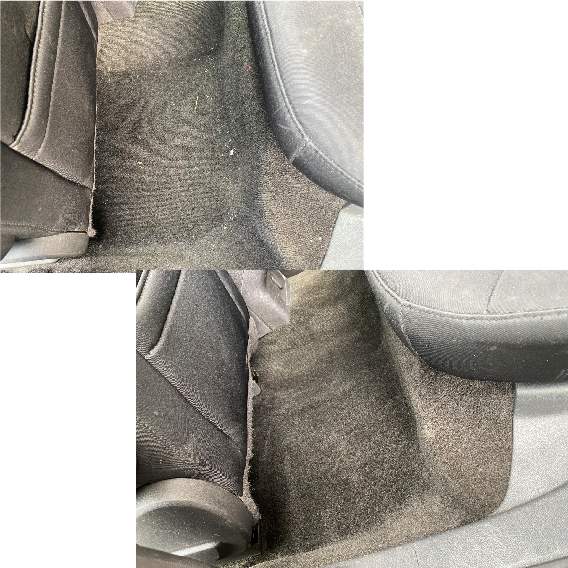 Comparison of dirty and clean car backseat floors, showing removal of dirt and debris.
