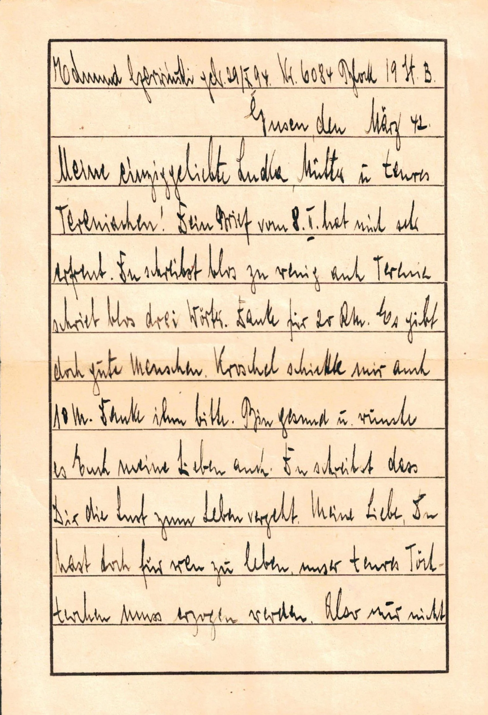 Handwritten letter in German on lined paper dated March 4 with a black border around the text.