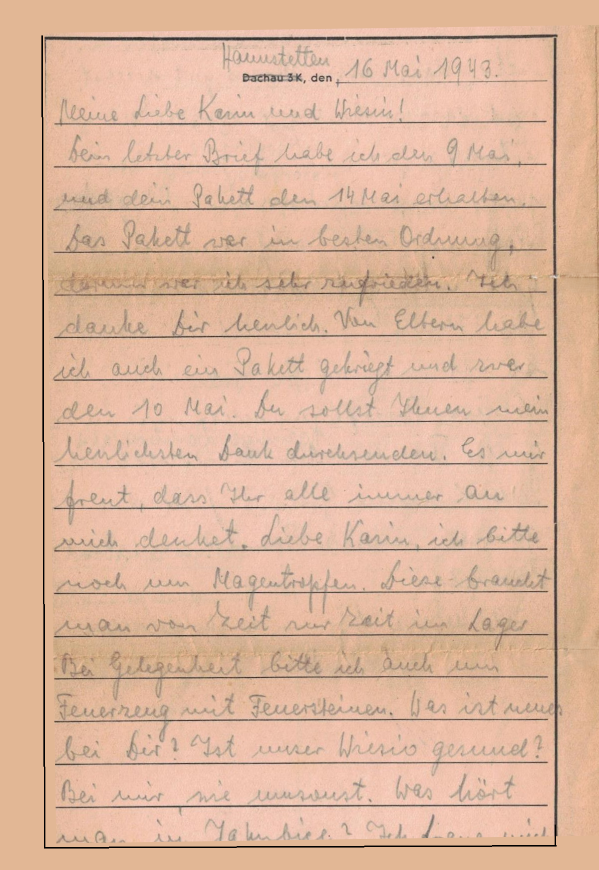 A handwritten letter in German dated May 16, 1948, on lined paper with a heading that reads "Heimatstetten Dachau 3K." The letter is addressed to "Meine liebe Karin und Theis!" and discusses receiving a package and writing about personal feelings and events.