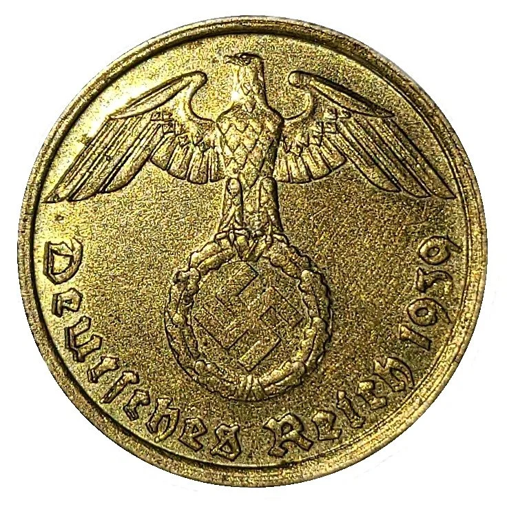 Gold-colored coin featuring an eagle with outstretched wings perched on a swastika within a wreath, with the inscription "Deutsches Reich" and the year "1936."
