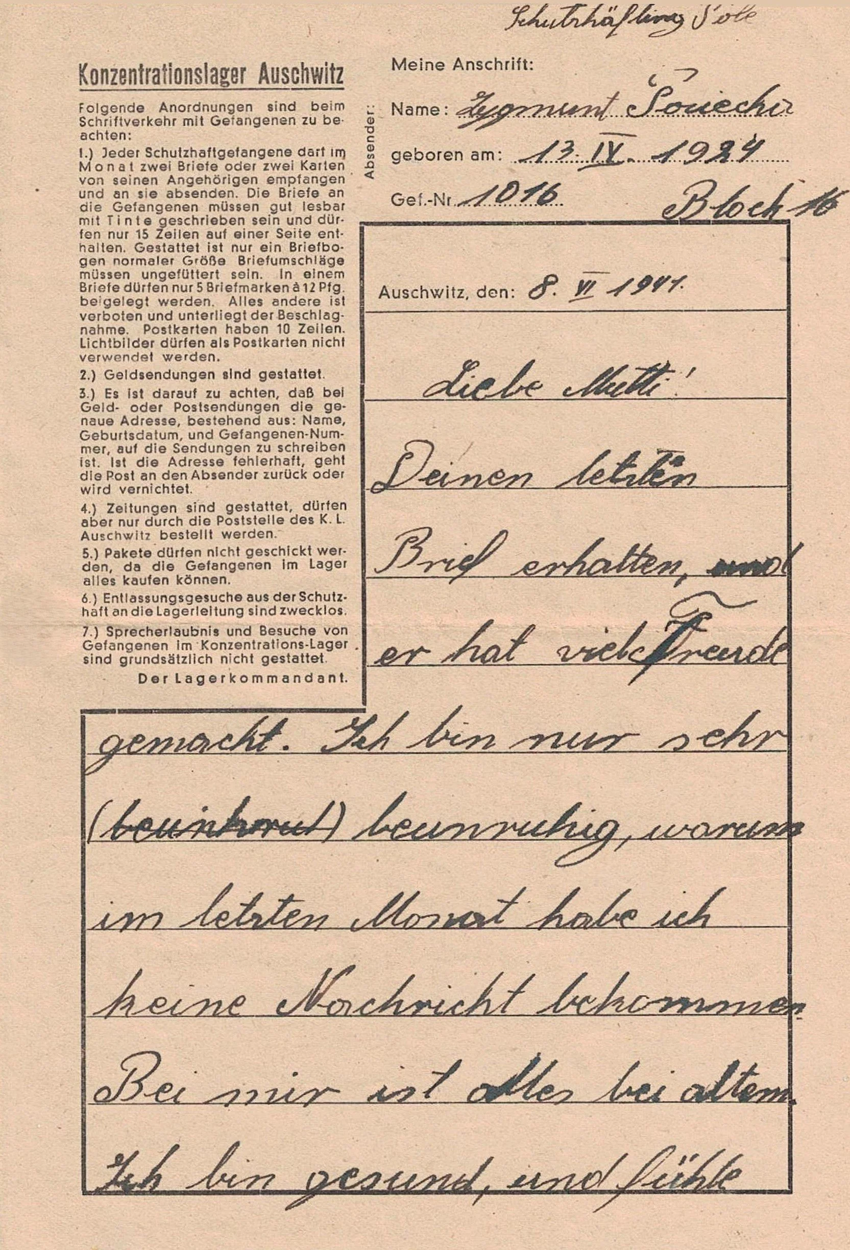 A handwritten letter in German on a beige paper with typed instructions about Auschwitz concentration camp regulations on the left side. The letter is addressed to someone named Matti, mentioning a letter received and sharing personal feelings and experiences.