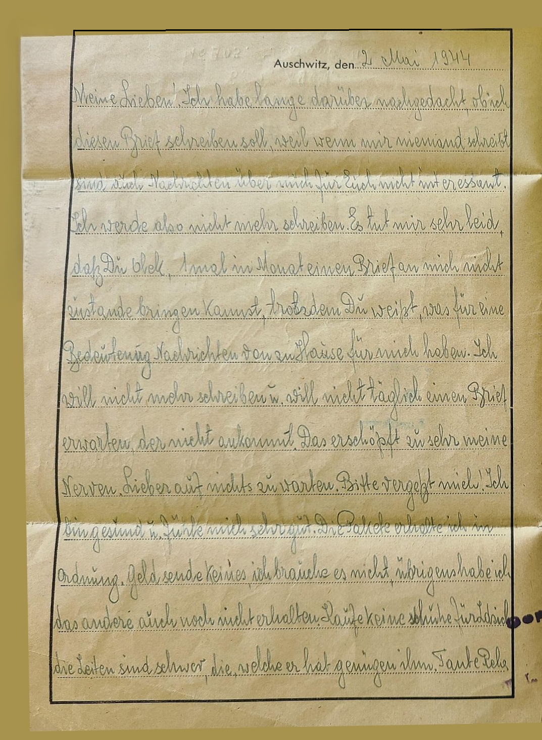 Handwritten letter on yellowish paper, dated May 2, 1944, discussing personal feelings and experiences during World War II, written in German.
