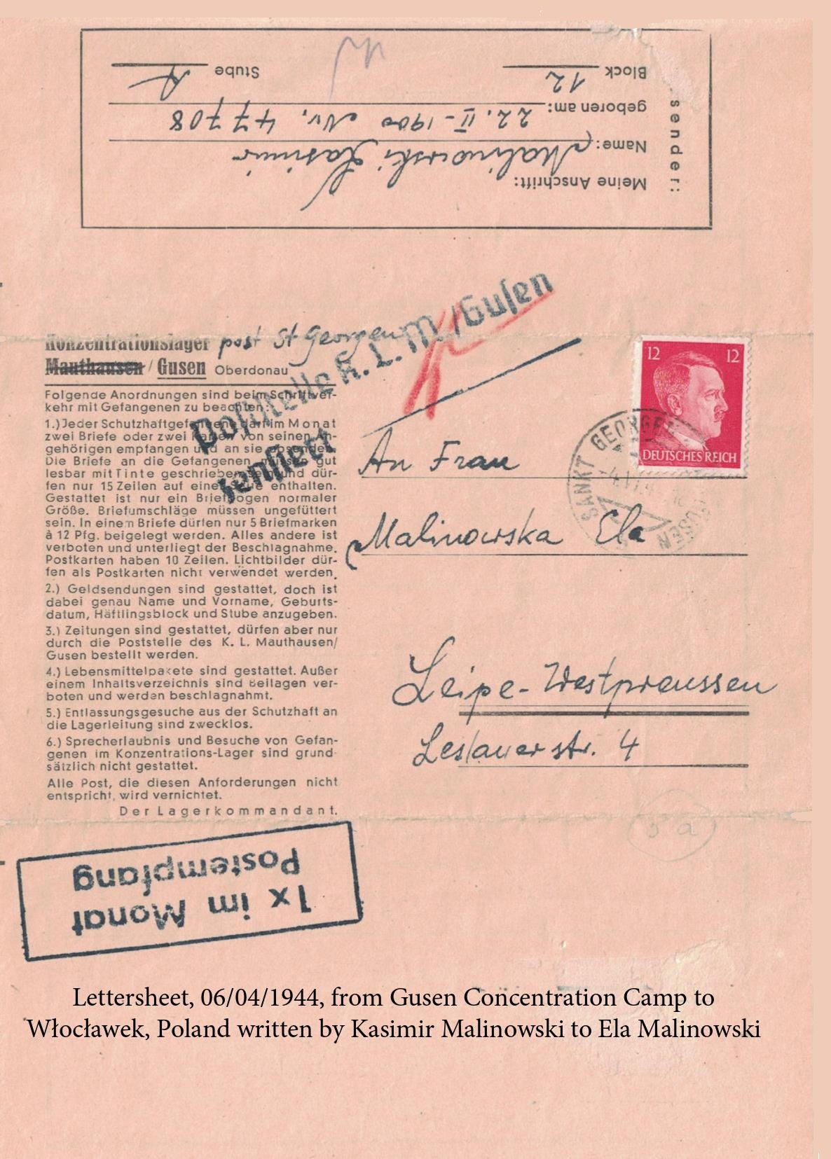 A pink letter sheet from April 6, 1944, with a handwritten message from Kasimir Malinowski to Ela Malinowski, including a red postage stamp with a portrait of a man, and a postmark from Germany. The text on the sheet provides instructions for prisoners and regulations for correspondence during wartime.
