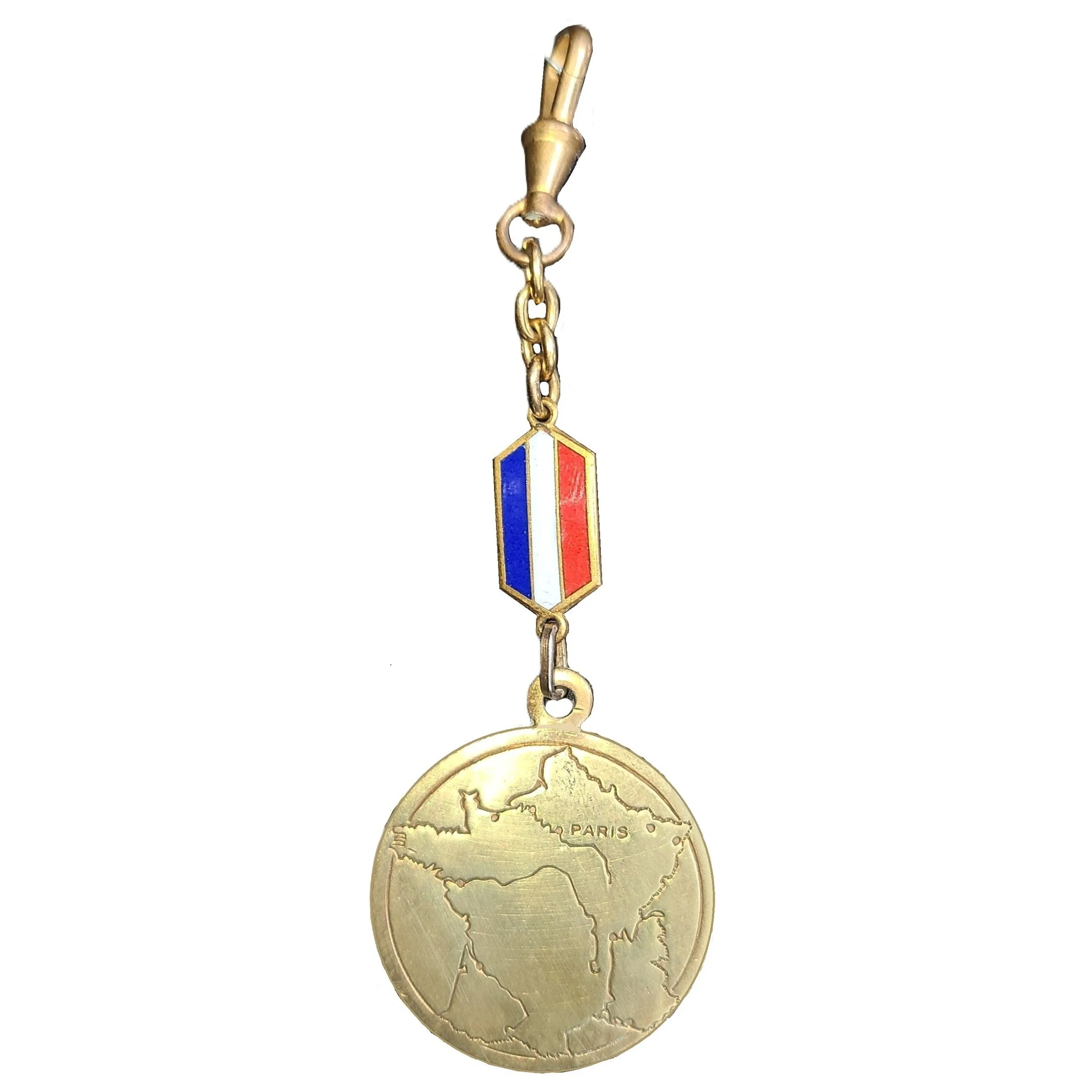 A gold-colored keychain with a Paris map medallion and a rectangular charm featuring the French flag.