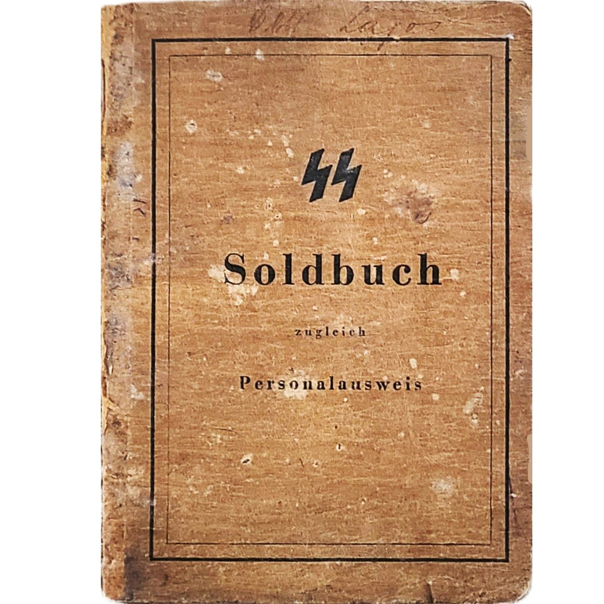 Old brown book cover with black text and lightning bolt symbols. The title reads 'Soldbuch,' and there are additional words in German.