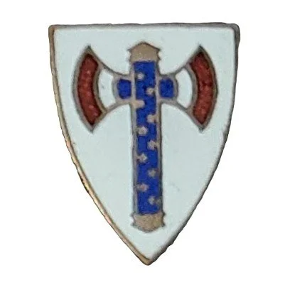 A shield-shaped emblem featuring a blue axe with a double-edged blade, flanked by red sections, all on a light background.