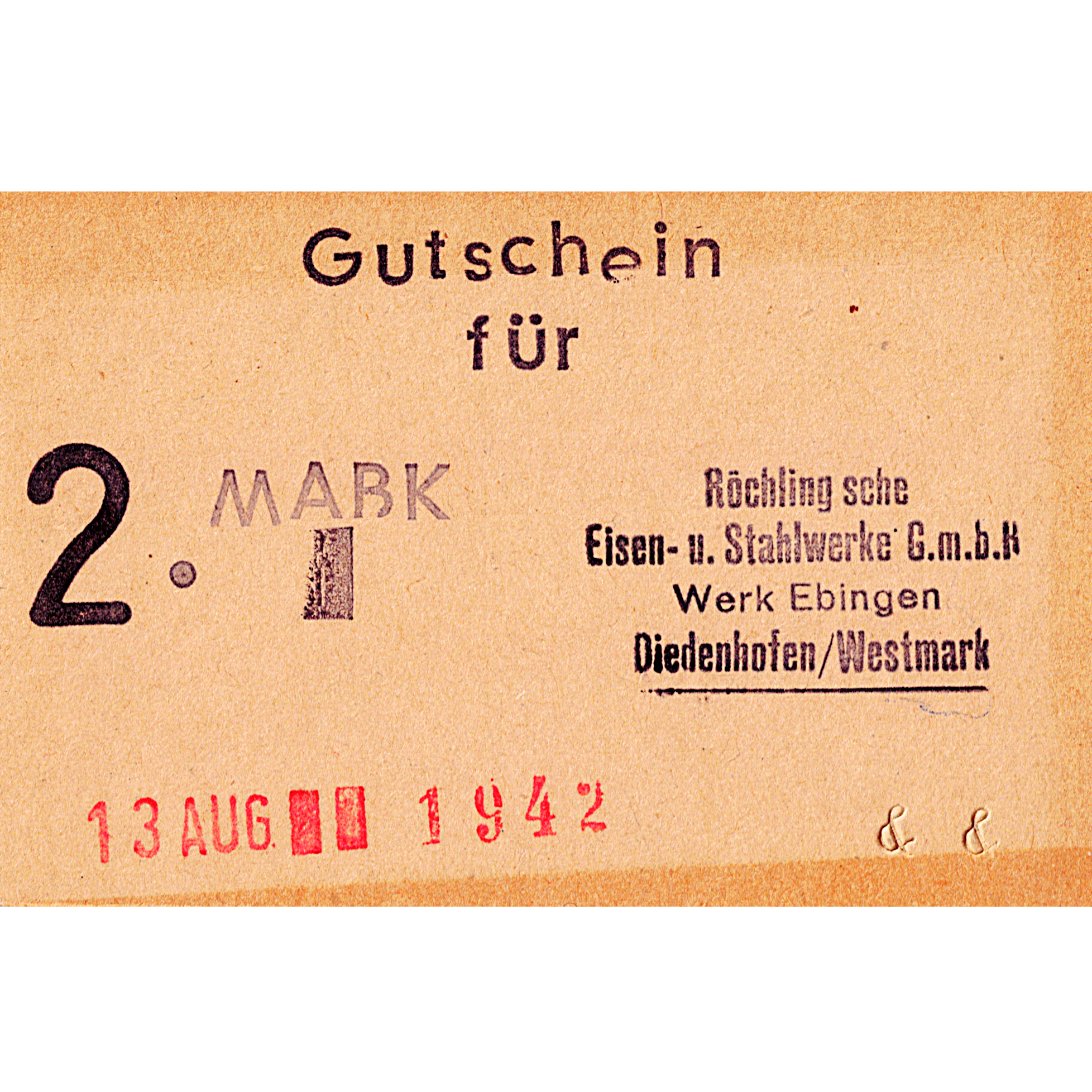 A vintage German gift voucher with printed text, dates, and handwritten notes, including the name 'Roelting siehe Eisen- u. Stahlwerke G.m.b.H.'
