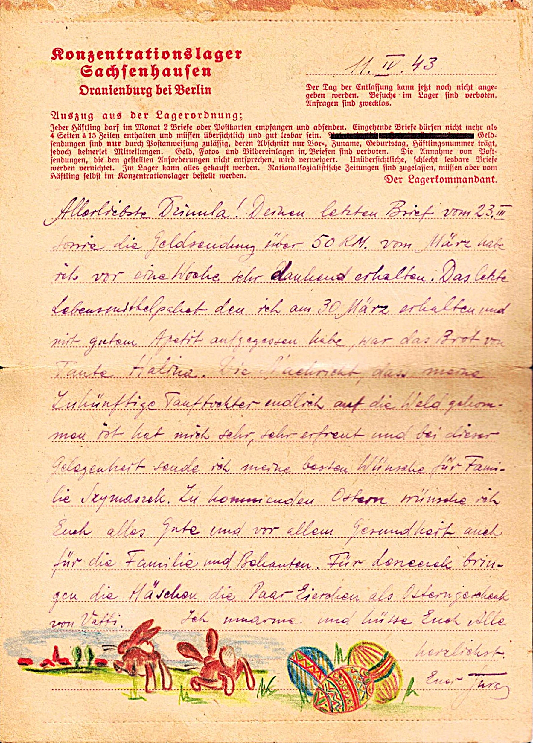 A handwritten letter in German on vintage paper, decorated with colorful Easter-themed illustrations of bunnies and decorated eggs at the bottom.