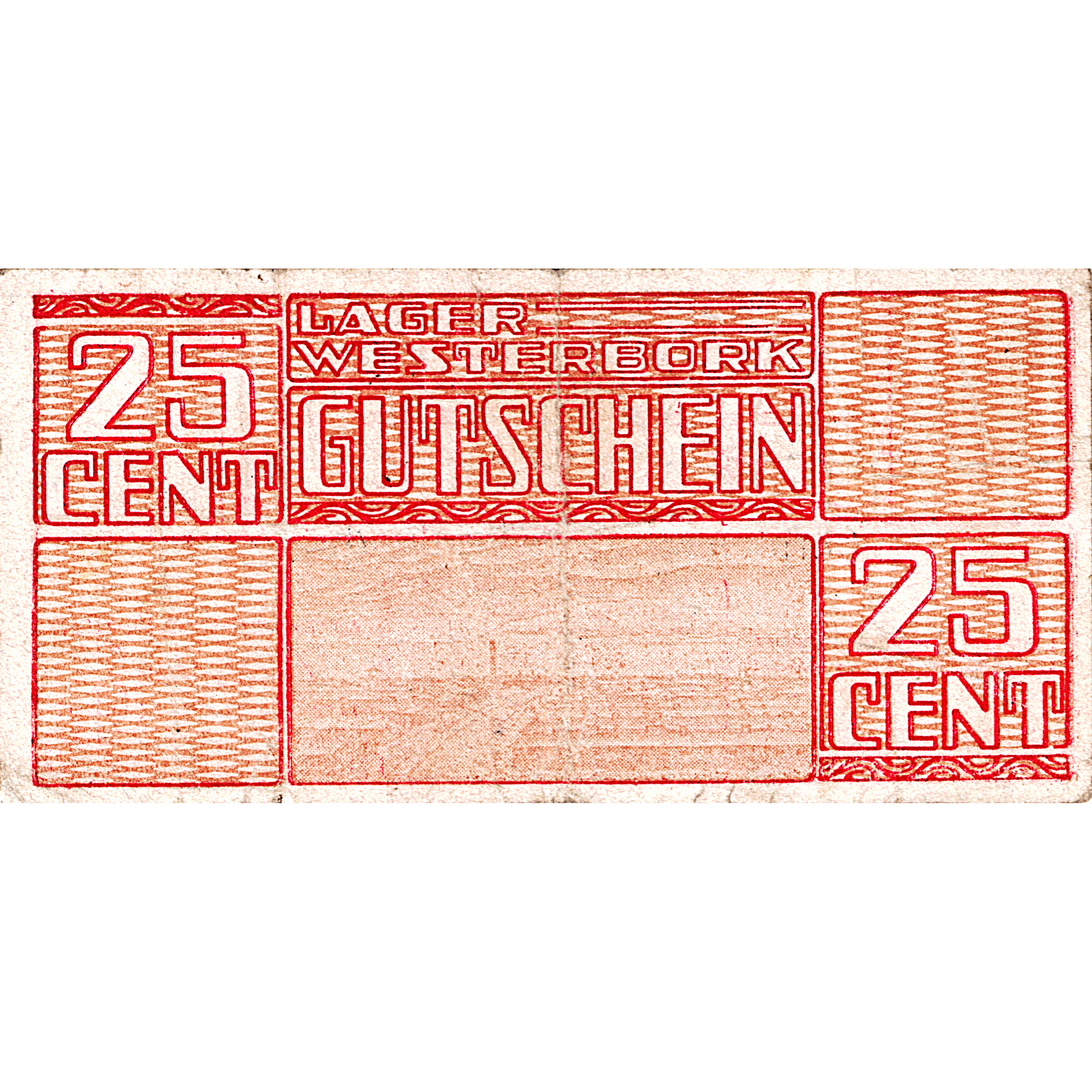 Vintage German 25 cent Westbork Gutschein voucher with red printed text and decorative borders.