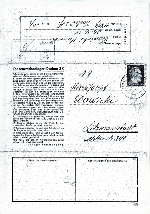 A black and white postcard with handwritten address and stamp in German, addressed to Herr Joseph Dawicki in Litzmannstadt.