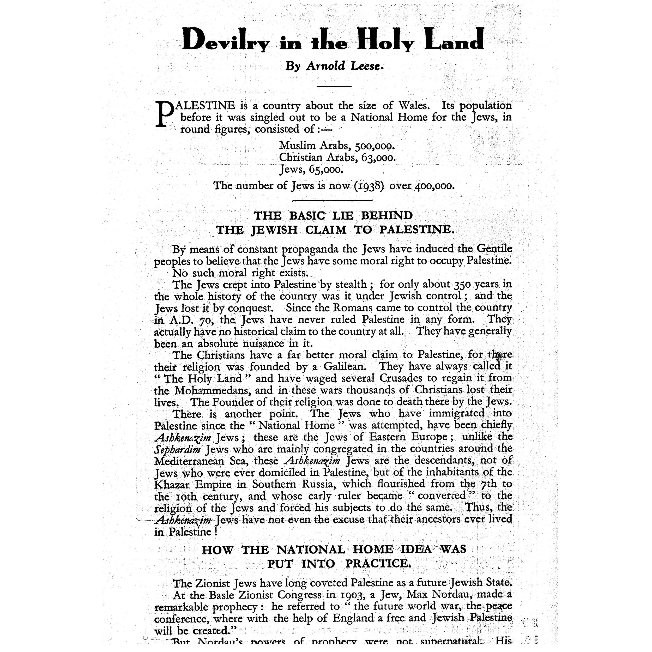 An old black-and-white scanned document titled 'Devilry in the Holy Land' by Arnold Leese, discussing historical and political claims about Palestine, Jews, and related topics.