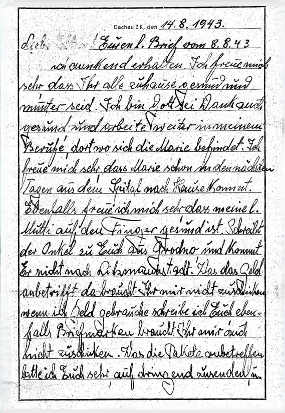 Handwritten letter in German dated August 14, 1943, from Dachau concentration camp, describing receiving a brief letter, work activities, injuries, and financial concerns.