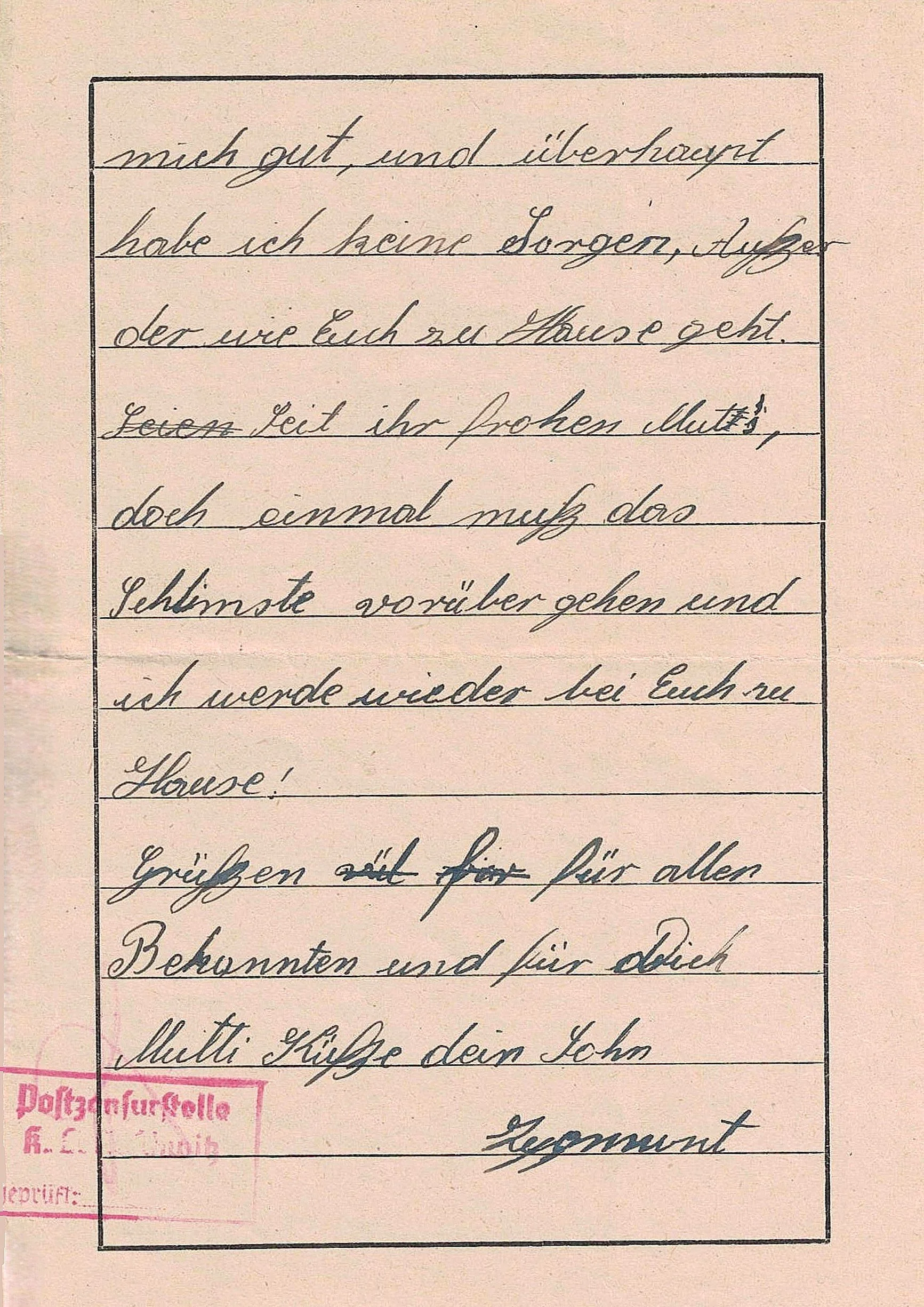 A handwritten letter in German on pink paper, with a pink stamp in the lower left corner.