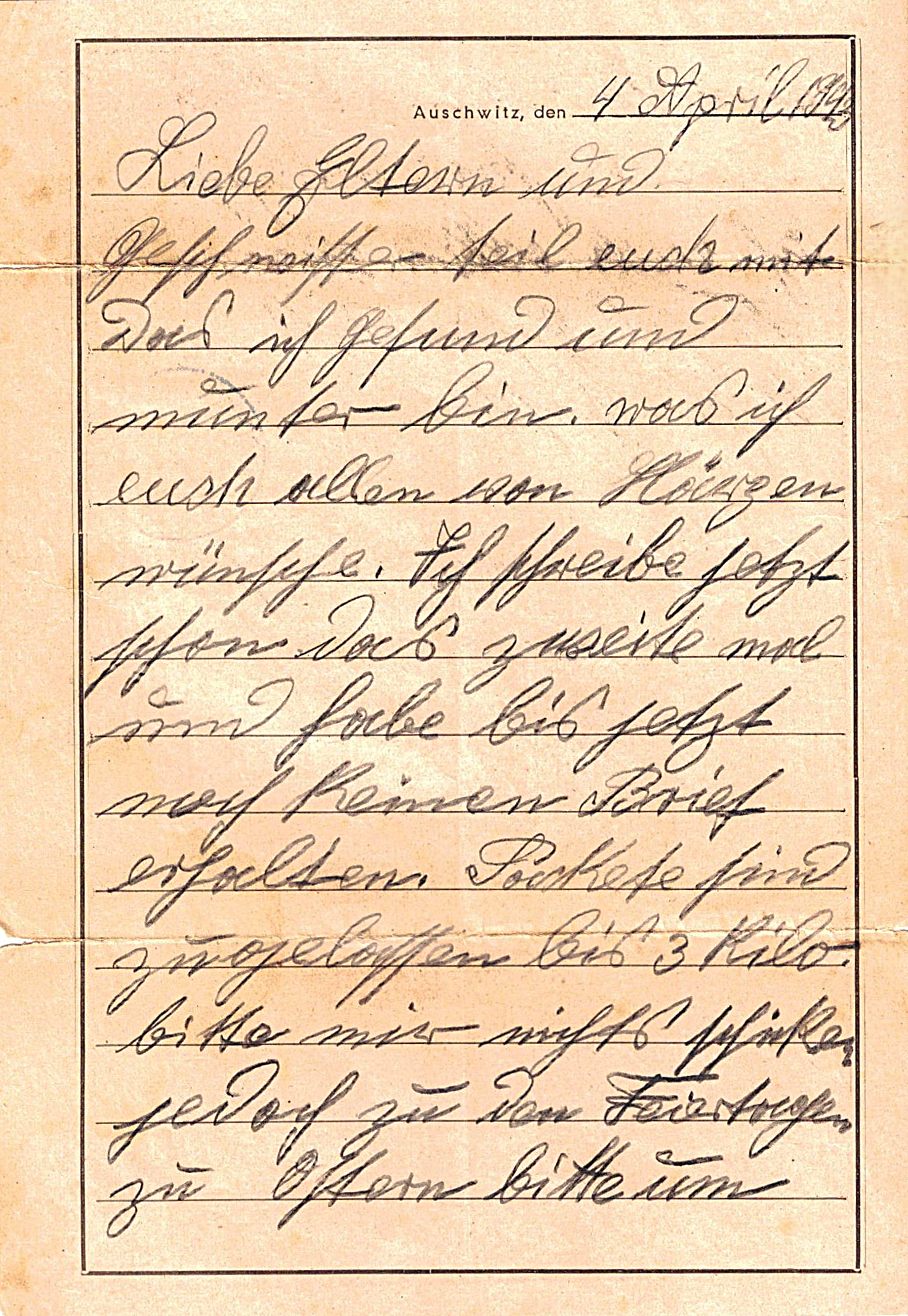 Handwritten letter in German on aged paper, dated April 4, 1944, mentioning Auschwitz. The letter is written in cursive script with some words crossed out.