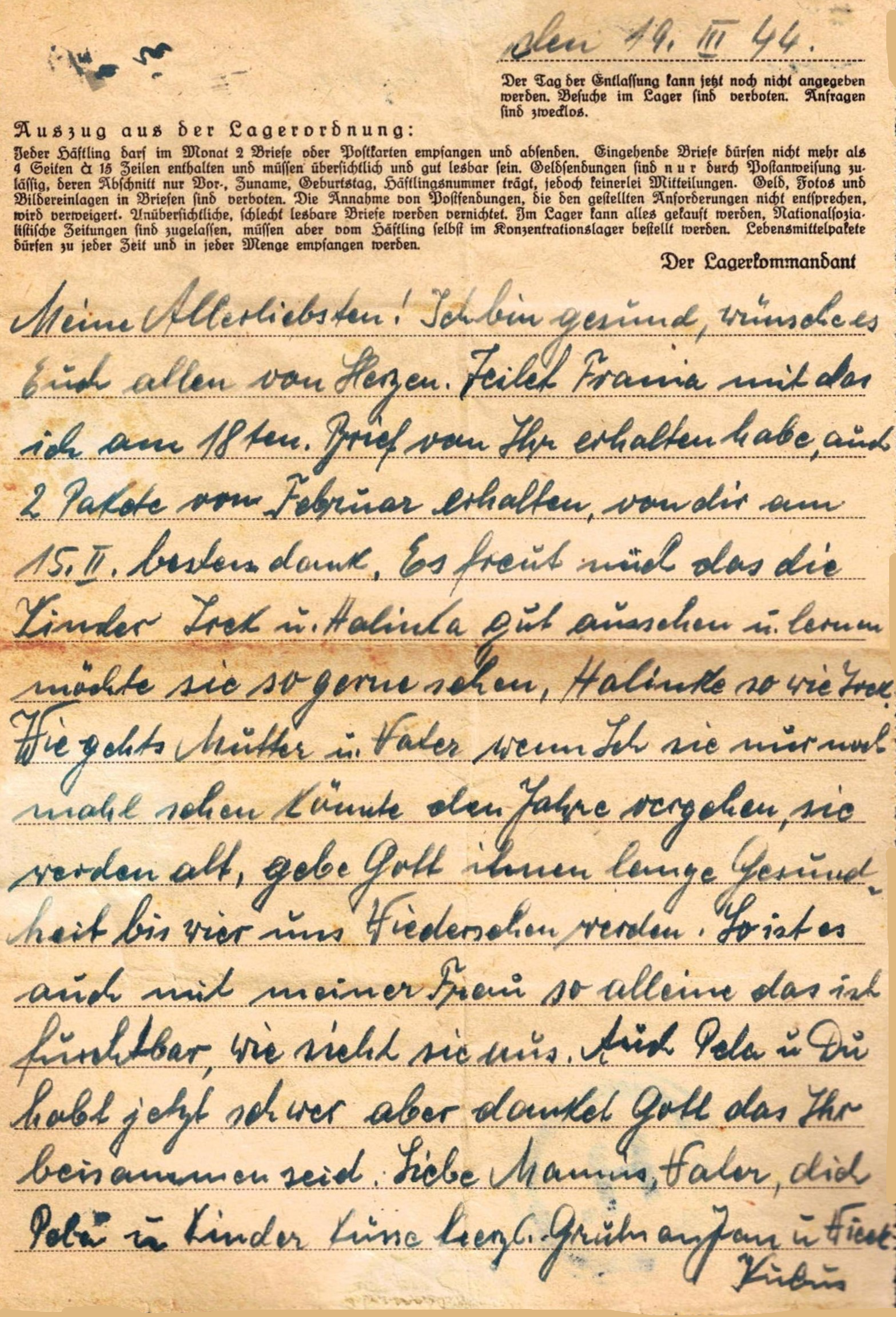 A handwritten letter in German on aged paper, dated March 14, 1944, with the handwritten content and a typed note at the top.