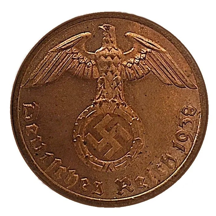 A coin featuring a depiction of an eagle with outstretched wings holding a swastika within a wreath, dated 1938.