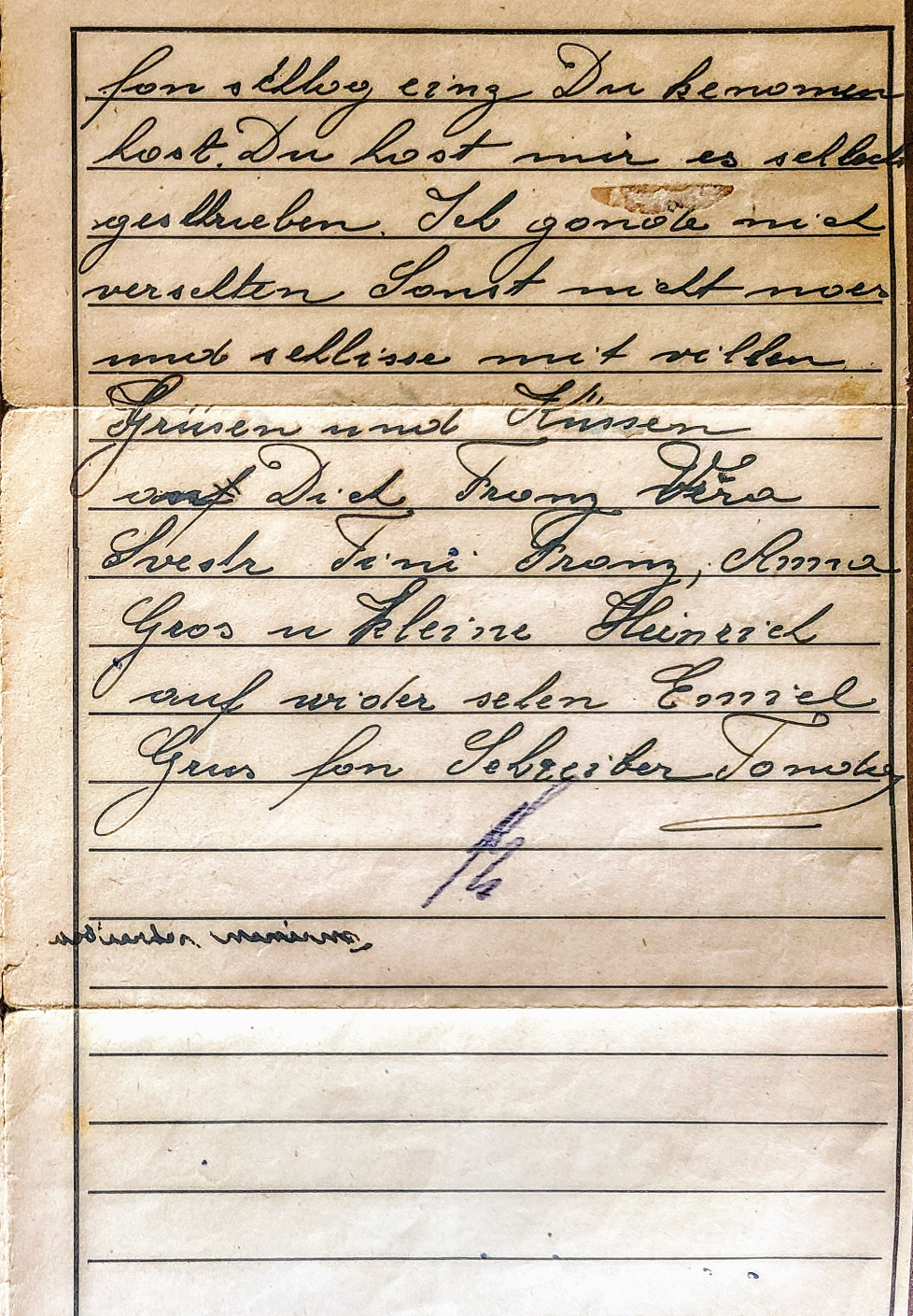 Old handwritten letter written in cursive ink on aged paper, with some tears and creases. The letter appears to be a personal message or note.