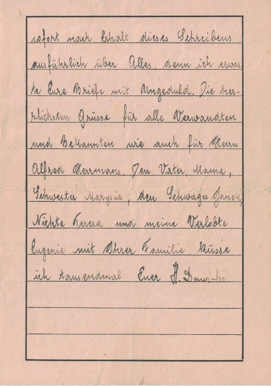 A handwritten letter in German on pink paper with black ink, framed by a simple black border.
