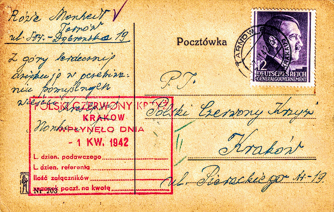 A vintage Polish postcard with handwritten text, a purple postage stamp featuring a portrait of a man, and red and black printed registration markings indicating it was processed in Krakow on April 1, 1942.