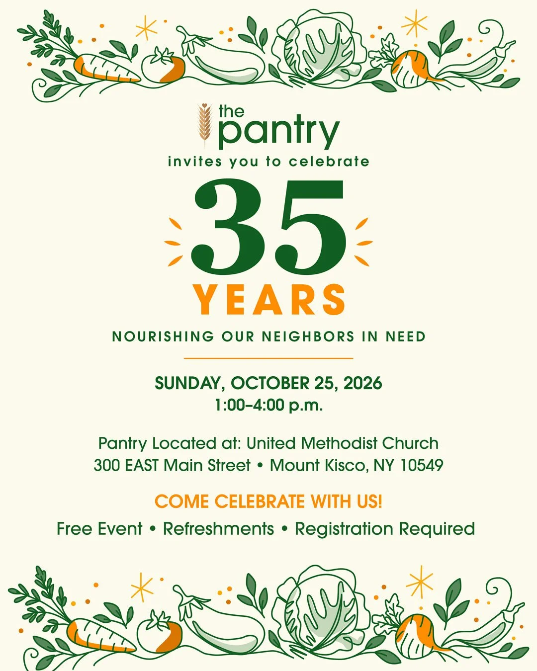 Celebrating 35 Year of The Pantry! October 25, 2026.  Button: Free Event- RSVP to Register. Image: Pantry volunteers helping out a family at an outdoor fresh vegetable table.